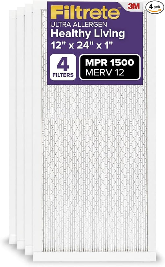 Filtrete 12x24x1 AC Furnace Air Filter, MERV 12, MPR 1500, CERTIFIED asthma & allergy friendly, 3 Month Pleated 1-Inch Electrostatic Air Cleaning Filter, 4-Pack (Actual Size 11.69 x 23.69 x 0.78 in)