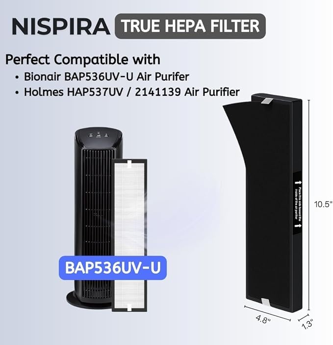 Nispira 182550 Filter Replacement Compatible with Bionaire BAP536UV-U Holmes HAP537UV / 2141139 Air Purifier, 1 Pack (HEPA + Carbon)