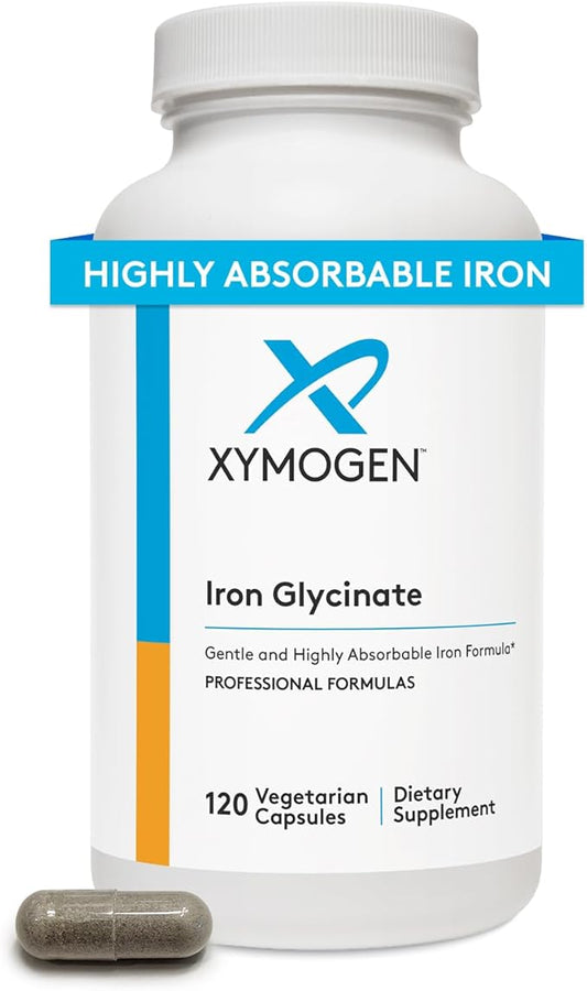 XYMOGEN Iron Glycinate Supplement – Patented Iron BisGlycinate Vitamin - Designed for High Absorption – Supports Hemoglobin & Ferritin Levels – Gentle on Digestion (120 Capsules)