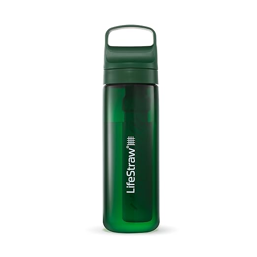 LifeStraw Go Series – BPA-Free Water Filter Bottle for Travel and Everyday use removes Bacteria, parasites and microplastics, Improves Taste, 22oz Terrace Green