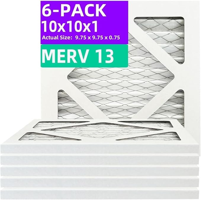 10x10x1 MERV 13 (6-Pack) Pleated Air Filter (Actual Size: 9.75" x 9.75" x 0.75") MPR 1500-1900 & FPR 10, Furnace Air Filters, 10x10x1 air filter