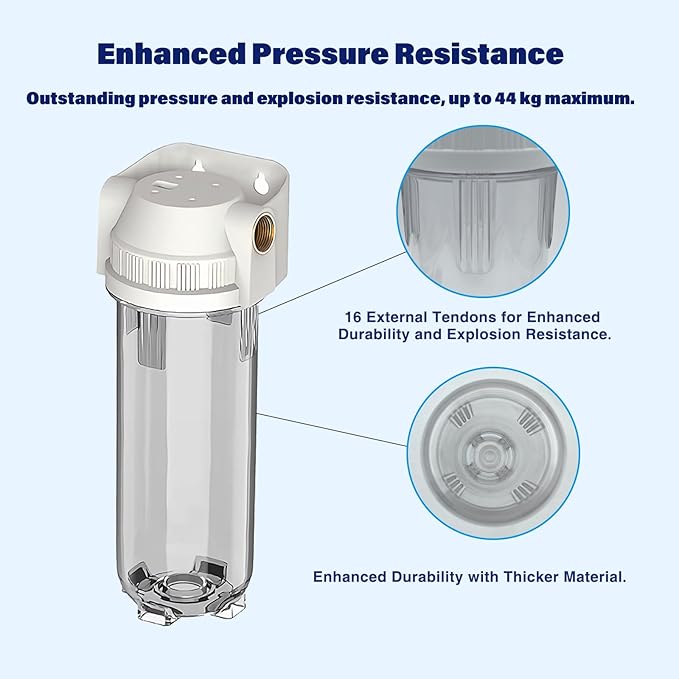 Whole House/RV Water Filter Housing Clear, 10" X 2.5" Inline Sediment Water Filter for RV, Home, Aquarium, Maple Syrup RO System, 3/4" G Brass Port, R-Type O-Ring,with PP Filter - 1025CWP