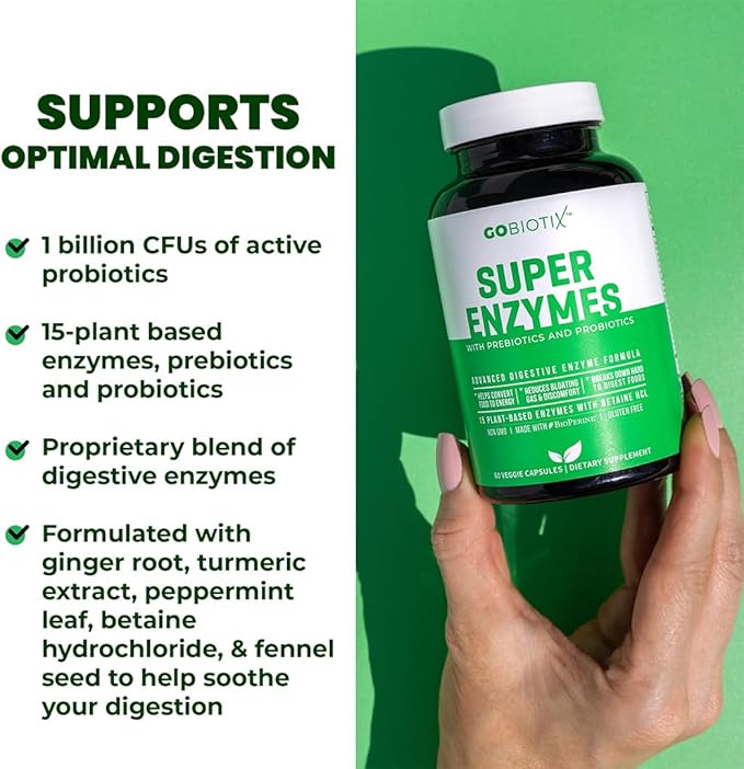 GoBiotix Digestive Enzymes Supplement with Prebiotics and Probiotics for Women and Men - Gut Health, Gluten Digestion, Lactose Absorption, Plant Based Dietary Pills - 60 Capsules