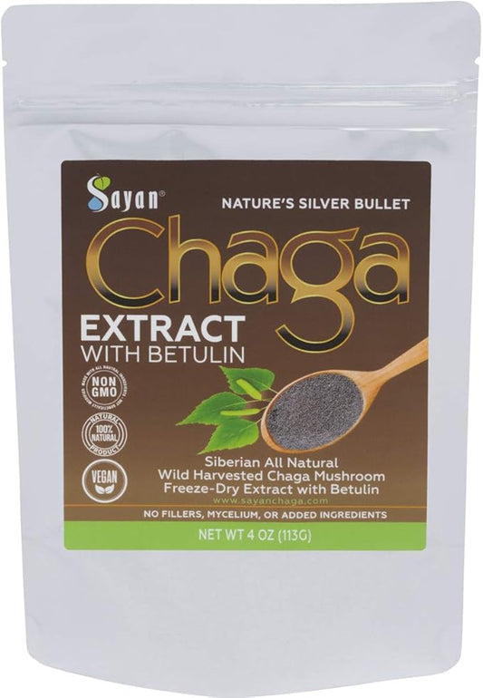 Sayan Siberian Chaga Mushroom Extract with Betulin Powder (4 oz) – Organic Antioxidant Blend – Support Immune System & Regulate Body Functions, Energy, Clarity, Wellness – Mix with Yogurt or Smoothies