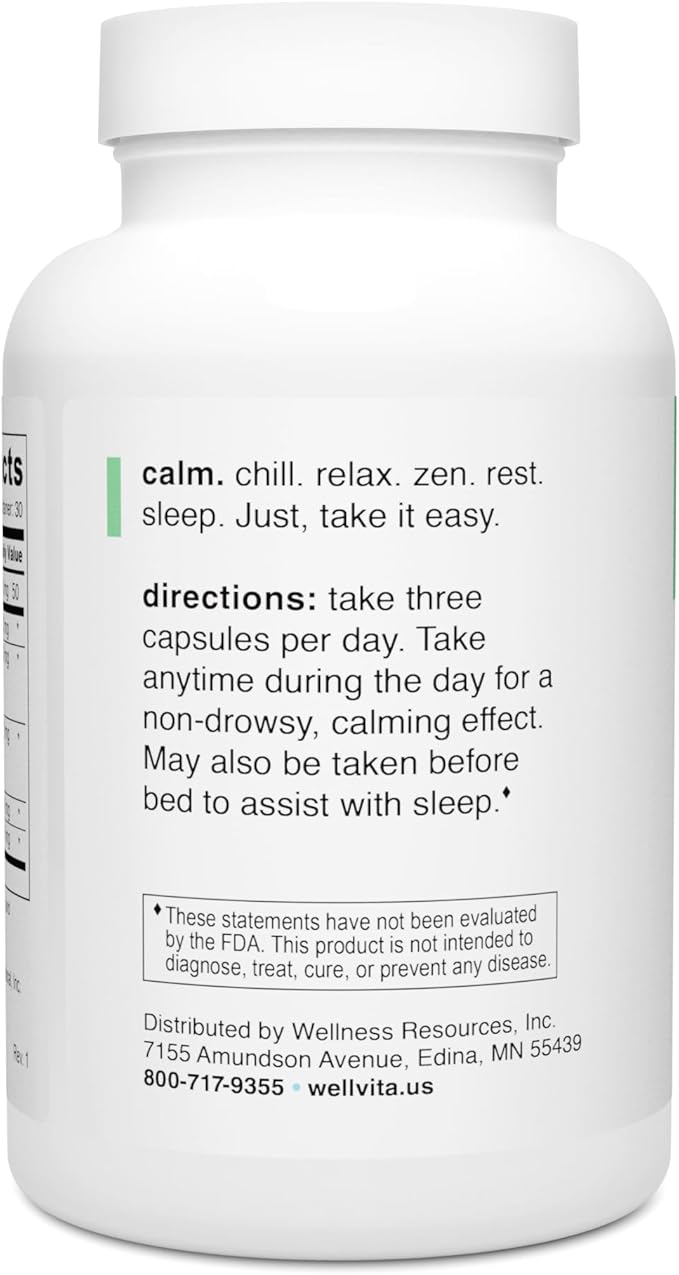 Well+vita Calm Supplement for Relaxation,Sleep & Daytime Zen with Magnesium Glycinate and Taurate, L-Theanine, Passion Flower, Lemon Balm, Taurine (90 Veggie Capsules)