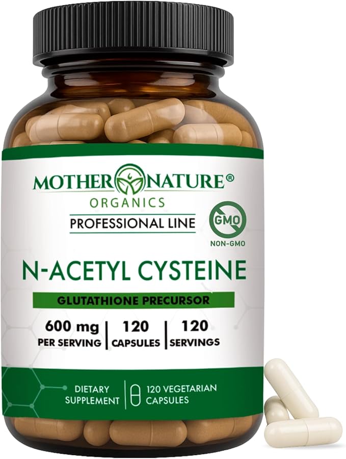 Mother Nature Organics NAC 600mg, Glass Bottle, N-Acetyl Cysteine Antioxidant Glutathione Precursor, Liver & Lung Support, Immune, Respiratory Health, and Detox (120 Count)