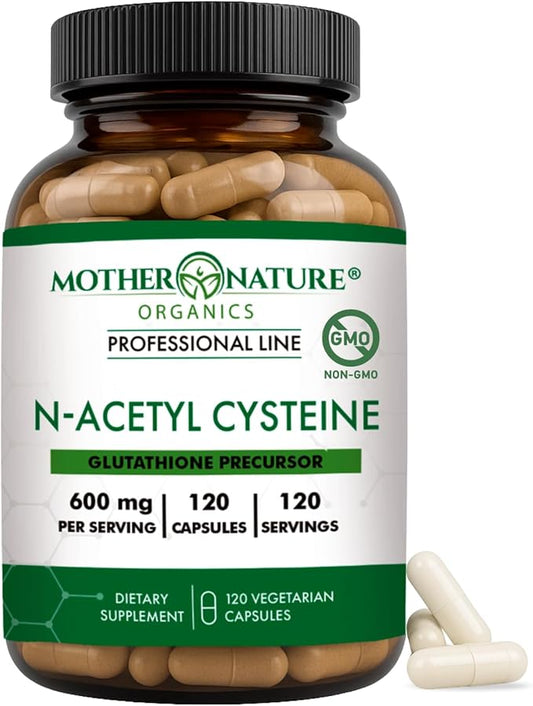 Mother Nature Organics NAC 600mg, Glass Bottle, N-Acetyl Cysteine Antioxidant Glutathione Precursor, Liver & Lung Support, Immune, Respiratory Health, and Detox (120 Count)