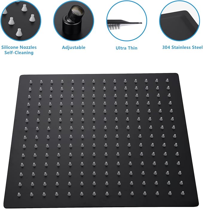 Lordear Black Rain Shower Head 16 Inch Square High Pressure Stainless Steel Rainfall Shower Head 360° Rotation Waterfall Showerhead Full Body Coverage with Silicone Nozzle