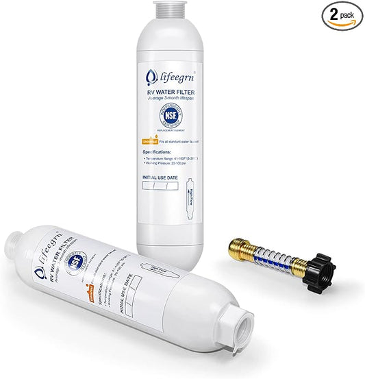lifeegrn RV Water Filter with Hose Protector, Inline Water Filter, Reduces Bad Taste, Odors, Chlorine and Sediment in Drinking Water, White(2 Packs)
