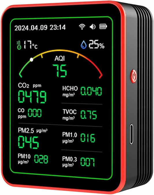 15-in-1 Air Quality Monitor Smart Air Quality Tester with CO2/HCHO/TVOC/AQI/PM0.3/PM1.0/PM2.5/PM10/Temperature/Humidity/Time/Alarm Clock/Timer/Countdown Timer Mobile APP WiFi for Home & Office