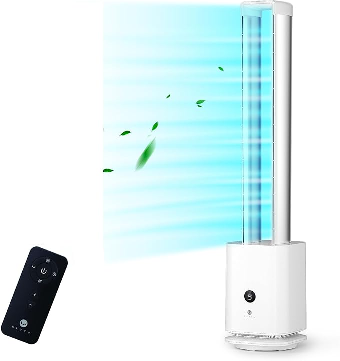 ULTTY Bladeless Tower Fan and Air Purifier in one, Bedroom Fan with HEPA Filter 99.97% Smoke Dust Pollen Dander, 42 Inch 90° Oscillating Tower Fan with Remote, Touch, 8H Timer