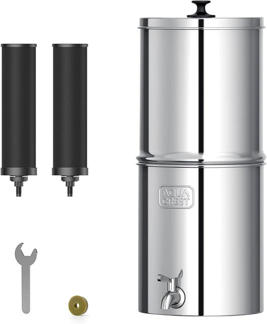 AQUA CREST Gravity Water Filter System, NSF/ANSI 42&372 Certified Black Carbon Filters, Reduce Lead and Up to 99% Chlorine, 2.25G, for Home, Camping, RVing, Off-Grid, Emergencies, AQ-TN-A