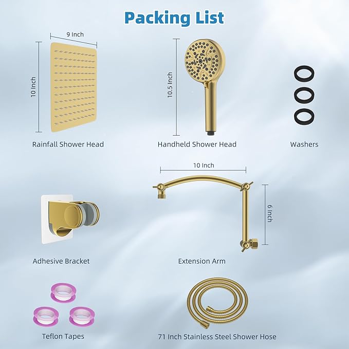 Hibbent All Metal Shower Head, 10'' High Pressure Rain Shower Head, Handheld Showerhead Combo with 16'' Adjustable Shower Extension Arm, 10 Sprays, 71'' Hose, Adhesive Showerhead Holder, Brushed Gold