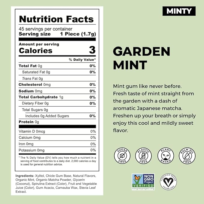 Refresh Gum, Xylitol, Natural, Sugar Free, Plastic Free, Aspartame Free, Natural Flavors & Organic Ingredients, Plant-Based, Low Calorie, Non GMO, Gluten Free, Vegan, Garden Mint Flavor, 12 Pcs, 5 Pack