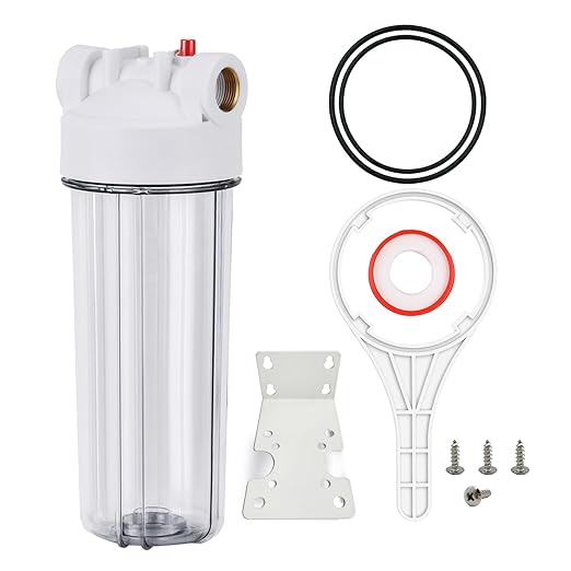 Whole House Water Filter Housing Clear,10" X 2.5" Inline Sediment Water Filter for RV, Home, Aquarium, Maple Syrup RO System, 3/4 NPT Brass Port, Steel Bracket - 1025TBH