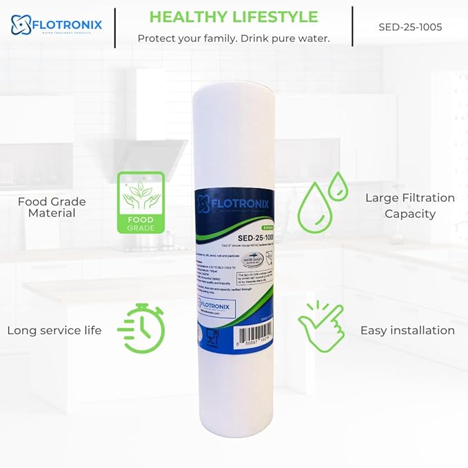 Flotronix 5 Micron 10" x 2.5" Sedmient Filter Whole House Water Filter Replacement, Compatible with Well Water Filters - P5, AP110, WHKF-GD05, 155014-43, FXUSC, 4 Pack
