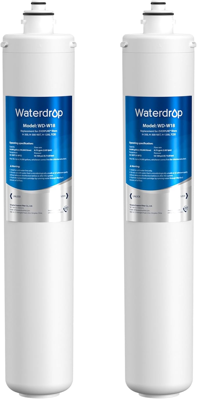 Waterdrop H-300 Under Sink Water Filter, 24000 Gallons, Replacement Cartridge for Everpure H-300, H-300-NXT, 7CB5, EV9270-71, EV9270-72, EV9618-11, EV9855-50, EV9282-01, Pack of 2