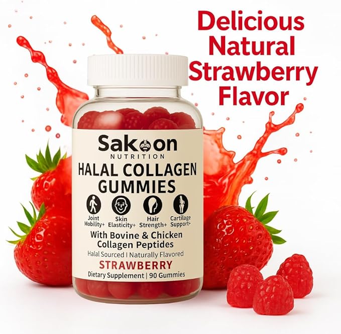 Sakoon nutrition Collagen Gummies – Type I, II & III Collagen Peptides from | 90 Strawberry-Flavored Gummies | Supports Hair, Skin, Joints & Nails | Made in USA | Halal Certified Sourcing