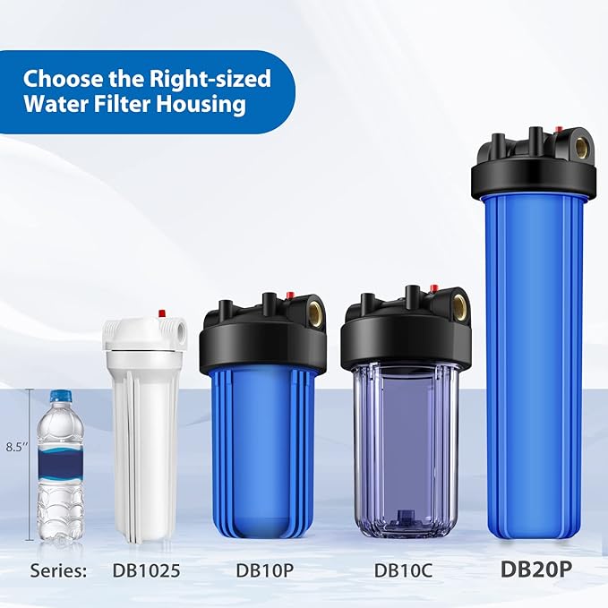 SimPure Whole House Water Filter Housing (DB20P), 20" x 4.5" Sediment Carbon Filter Universal Housing, Pre-Filtration System for Well and City Water, 1" NPT Port, Pressure Release