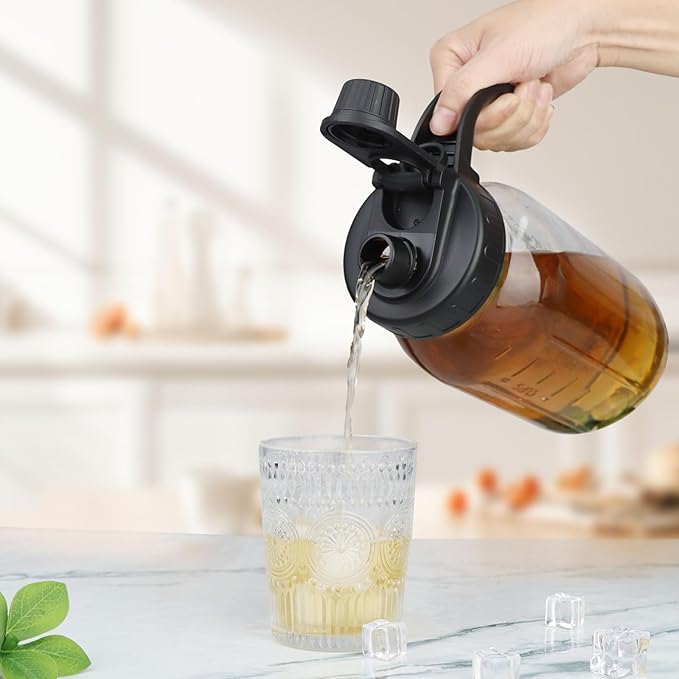 Glass Mason Jar Pitcher with Lid - 2 Quart (64 oz) Wide Mouth Water Jug, Set of 2 - BPA-free, Leak Proof - Sun & Iced Tea Pitcher, Cold Brew Coffee, Breast Milk Storage, Juice, Drink