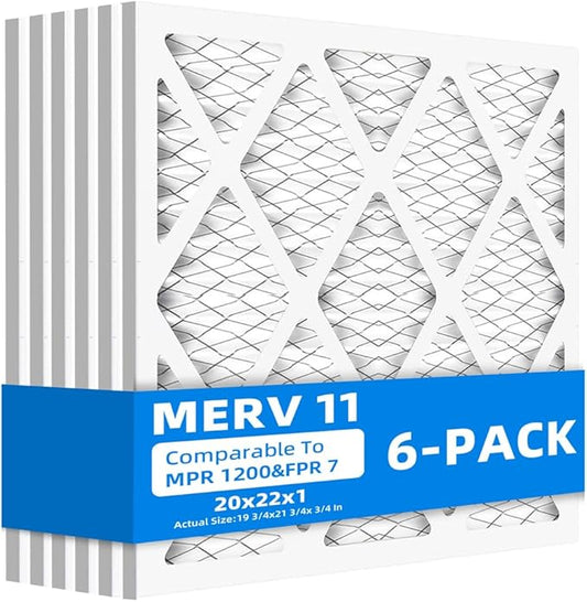 (6 Pack) 20x22x1 Furnace Air Filters, MPR 1200 & FPR 7, MERV 11 Pleated Air Filter (Actual Size: 19 3/4"x21 3/4"x3/4")
