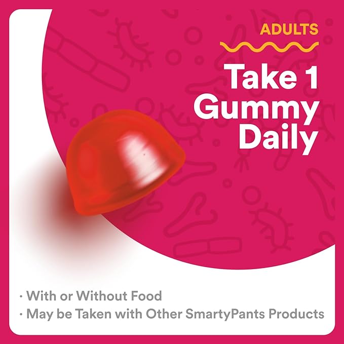 SmartyPants Adult Probiotic Gummies for Digestive Health: 3 Billion CFU, Gut Health and Immune Support Supplement, Clinically Studied Probiotic, Gluten Free, Strawberry, 30 Count (30 Day Supply)