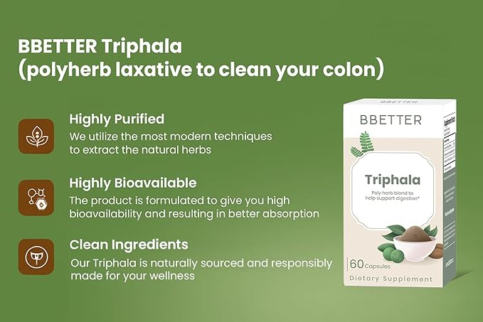 BBETTER Triphala – Ayurvedic Herbal Supplement with Amla, Haritaki & Bibhitaki for Occasional Constipation & Bloating – Supports Digestion, Healthy Bowel Function, Colon Cleanse & Detox -180 Capsules