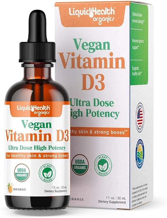 LIQUIDHEALTH Vitamin D3 5000 IU, USDA Organic Vitamin D Liquid Drops for Adults & Kids, Vegan Vitamin D for Immune System Support, Bone Health, Mood Support, Healthy Skin - Made in USA (2 oz)
