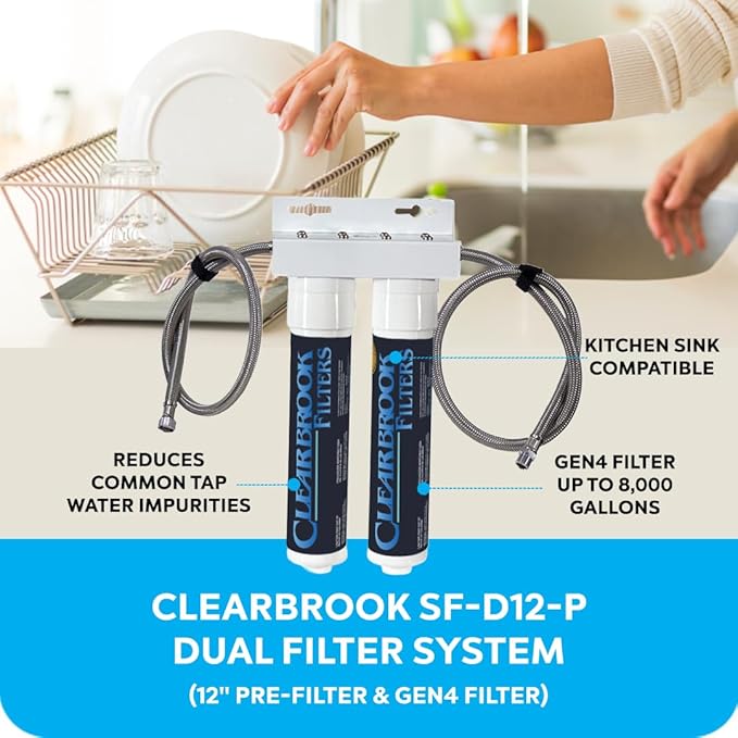 Clearbrook Dual Filter System – Kitchen Sink Water Filter, 12" Pre-Filter & Gen4 Filter, Under Sink Water Filter, Dual Stage Filtration, Kitchen Sink Compatible, 8000 Gallons Capacity