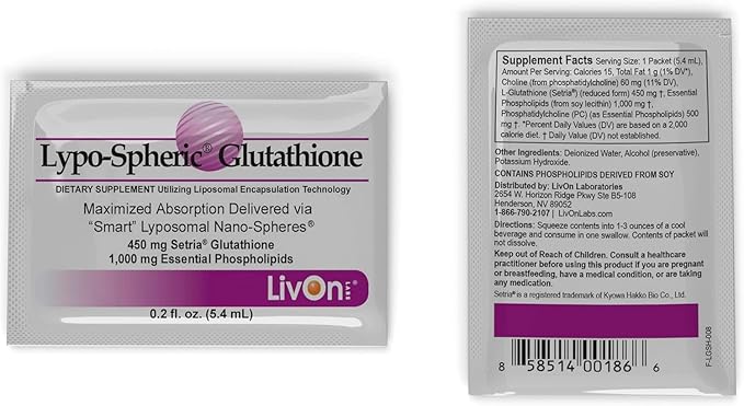 LivOn Laboratories Lypo-Spheric Glutathione - 30 Packets – 450 mg Glutathione Per Packet – Liposome Encapsulated for Maximum Bioavailability – Professionally Formulated – 100% Non-GMO