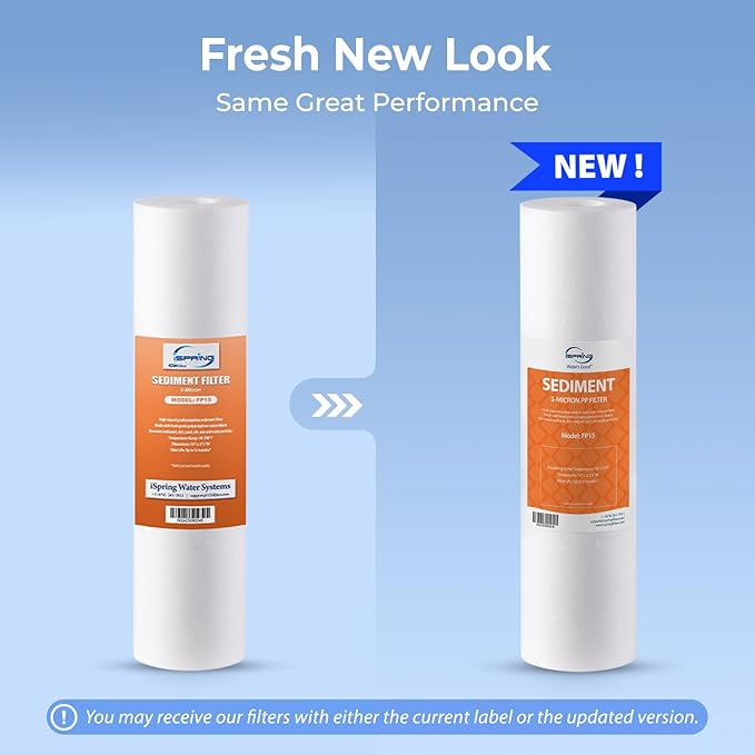 iSpring FP15X2 NSF Certified 10" x 2.5" Universal Sediment Water Filter Replacement Cartridges, 5 Micron Multi-layer Sediment Filter, 2 Pack