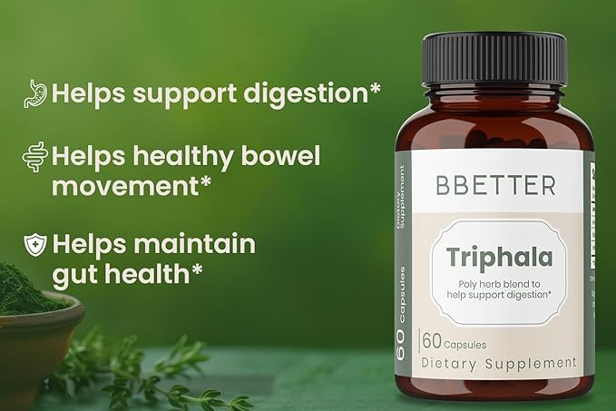 BBETTER Triphala – Ayurvedic Herbal Supplement with Amla, Haritaki & Bibhitaki for Occasional Constipation & Bloating – Supports Digestion, Healthy Bowel Function, Colon Cleanse & Detox -180 Capsules