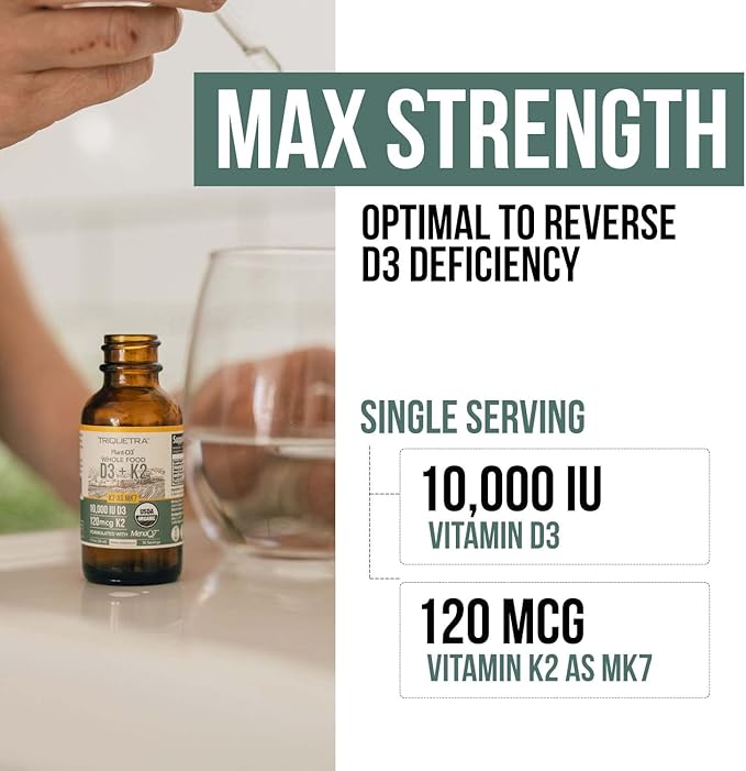 Organic Plant D3 + K2 - 10,000 iu D3 - All-Trans MK7 from MenaQ7 (120 mcg K2) - 100% Organic & Plant-Based Sublingual D3 Drops (Cholecalciferol), 100% Vegan - Supports Immunity, Bone, Mood & Brain
