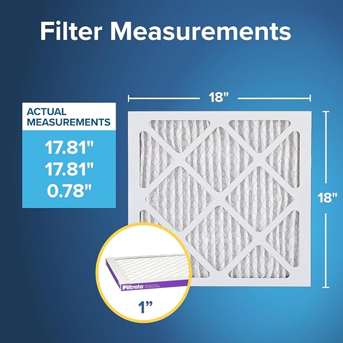 Filtrete 18x18x1 AC Furnace Air Filter, MERV 12, MPR 1500, CERTIFIED asthma & allergy friendly, 3 Month Pleated 1-Inch Electrostatic Air Cleaning Filter, 6-Pack (Actual Size 17.81x17.81x0.78 in)