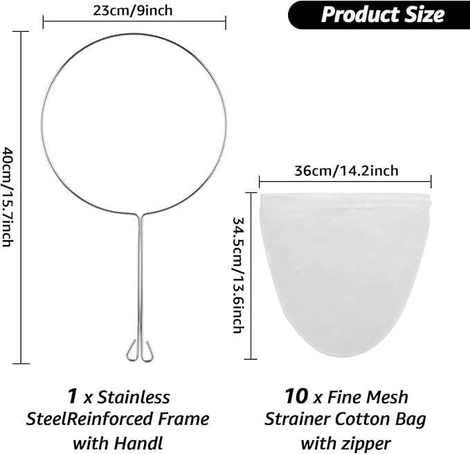 10Pcs Extra Fine Mesh Strainer Bags with Handle, Reusable Cheesecloth Bag, Kitchen Strainer Filter for NutMilk, Coffee, Milk, Tea, Juices and Fresh Cheese, Large, White