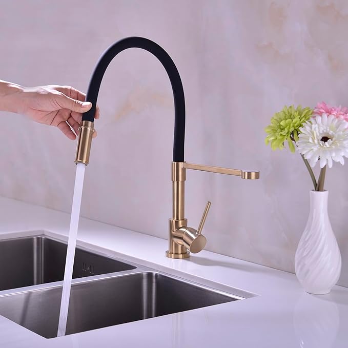 Gold and Black Kitchen Faucet, Kitchen Sink Faucet with Pull Down Spray, Solid Brass Kitchen Faucet with Silicon Hose 360 Swivel