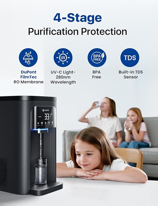 NOVETE Reverse Osmosis Water Filter Countertop, UV Cold Water Down to 32℉, NSF/ANSI 42/58 Certified, 4:1 Pure to Drain, No Installation Needed, 8-Stage RO Water Filtration System, CRF1A-QS, Black