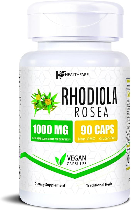Rhodiola Rosea Capsules 1000mg Equivalent | 90 Vegan Capsules | Premium Adaptogen Herbal Supplement | Naturally Sourced | Made in The USA