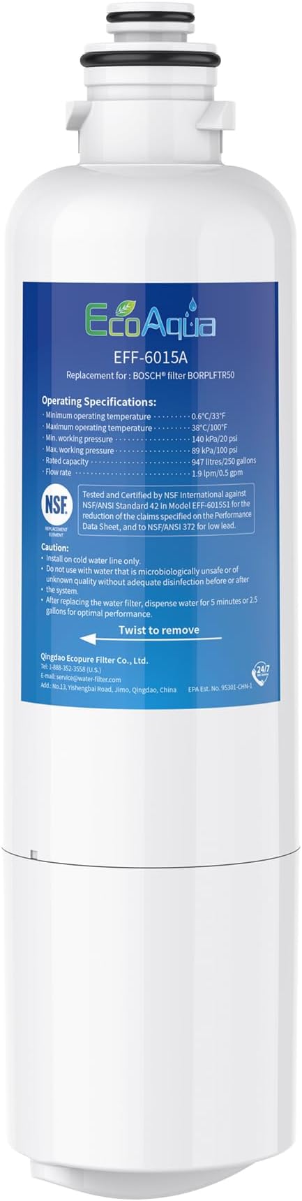 EcoAqua 11032531 Replacement for Bosch® Ultra Clarity® Pro BORPLFTR50, 12033030, 11025825, BORPLFTR55, B36CD50SNS, B36CT80SNS, B36CL80ENS, B36FD50SNS, WFC100MF, Refrigerator Water Filter, 1 Filter
