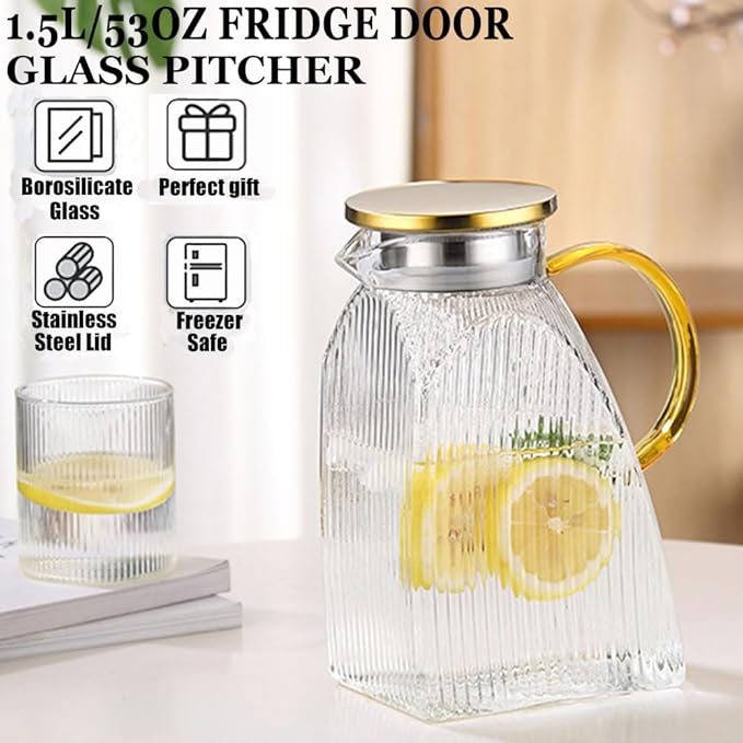 Glass Pitcher with Stainless Steel Gold Lid - 1.5L Ideal Fridge Door Water Pitcher for Hot or Cold Beverage, Iced Tea, Juice, Milk, Coffee, Lemonade