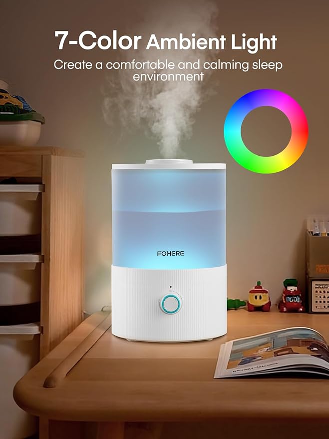 FOHERE Humidifiers for Bedroom, 3.2L Top Fill Cool Mist Ultrasonic Humidifier for Baby Rooms and Plants, 2-IN-1 Essential Oil Diffuser with 7-color Light and Auto Shut-off, BPA-Free, Quiet, White