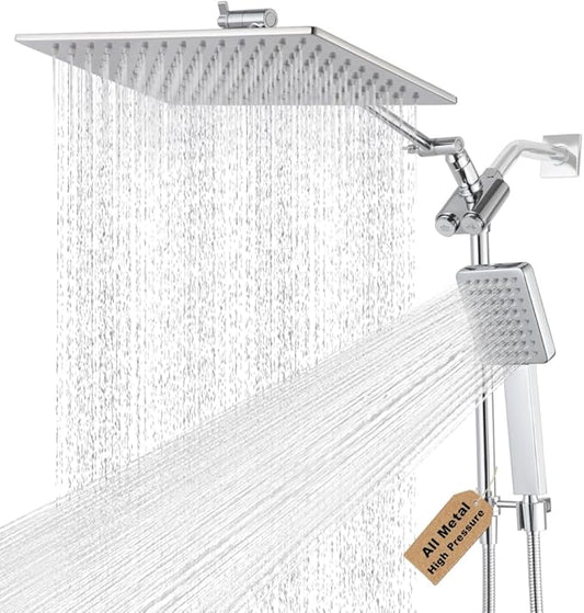 POP SANITARYWARE All Metal Shower Head with Handheld Chrome High Pressure 12 Inch Showerhead Combo, 71 Inch / 6 ft Hose, Press Button 4-Way Diverter, Adjustable Extension Arm