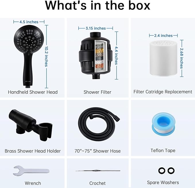 G-Promise Luxury Filtered Handheld Shower Head, 6 setting with Effective Filter of 2 Cartridges, Adjustable Metal Bracket, Extra Long Hose (Matte Black)