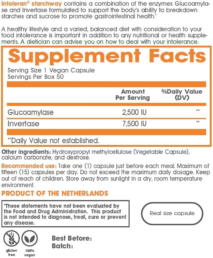 Starchway Digestive Enzymes - 50 capsules | Supplement for Starch & Sucrose Intolerance | Helps Digest Sugars & Starchy Foods | Invertase & Gluco-Amylase Enzymes | Pure & Vegan | Low FODMAP