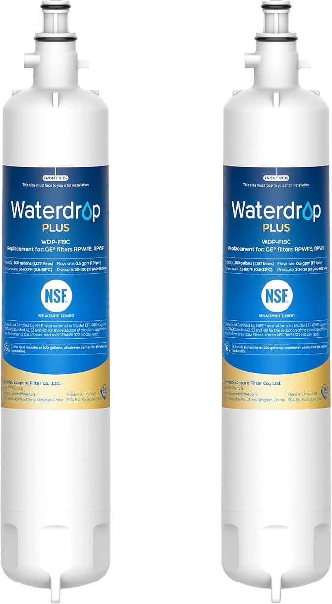 Waterdrop Plus WDP-F19C Replacement for GE® RPWFE®, RPWF (with CHIP) NSF 401 Refrigerator Water Filter, Compatible with WSG-4, GFE28GBLTS, GFE28GSKSS, PFE28KMKES, 2 Filters（Package May Vary）