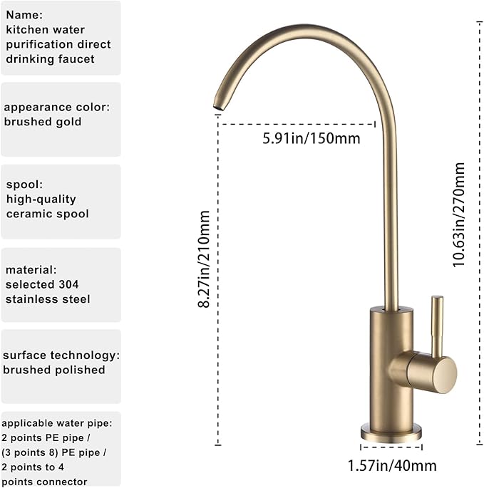 Brushed Gold Drinking Water Filter Faucet for Kitchen Sink Reverse Osmosis Ro System, Lead-Free Sus Stainless Steel with Brass Finish