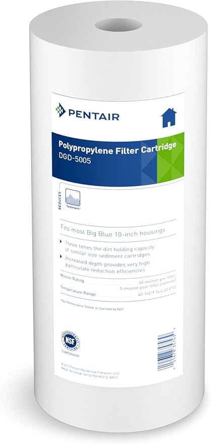 Pentair Pentek DGD-5005 Big Blue Water Filter, 10-Inch Whole House Sediment Filter Cartridge Replacement, Dual-Gradient Density Spun Polypropylene, 10" x 4.5", 5 Micron, Pack of 1