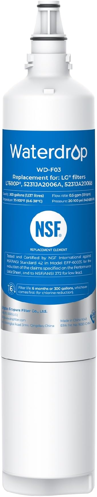 Waterdrop WD-F03 Replacement for LG® LT600P®, KENMORE 9990,5231JA2006A, 5231JA2006B, KENMORECLEAR 46-9990, WFC2001, LSC27931ST, LFX25960ST, FML-2, RWF1000A Refrigerator Water Filter