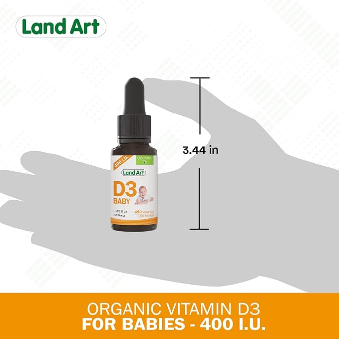 Land Art - Certified Organic Vitamin D3 Drops Baby – 400 IU per Drop – 490 Servings – Supports Bone & Teeth Development – Vitamin D Drops for Infants & Toddlers – GMO-Free - Gluten-Free – 0.45 fl oz