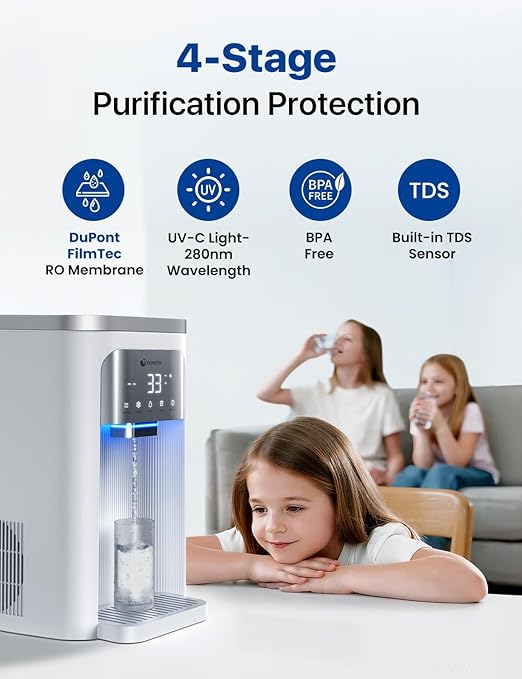 NOVETE Reverse Osmosis Water Filter Countertop, UV Cold Water Down to 32℉, NSF/ANSI 42/58 Certified, 4:1 Pure to Drain, No Installation Needed, 8-Stage RO Water Filtration System, CRF0A-QS, White